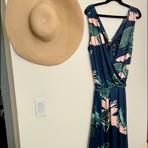 Tropical print deep v-neck slit thigh dress.